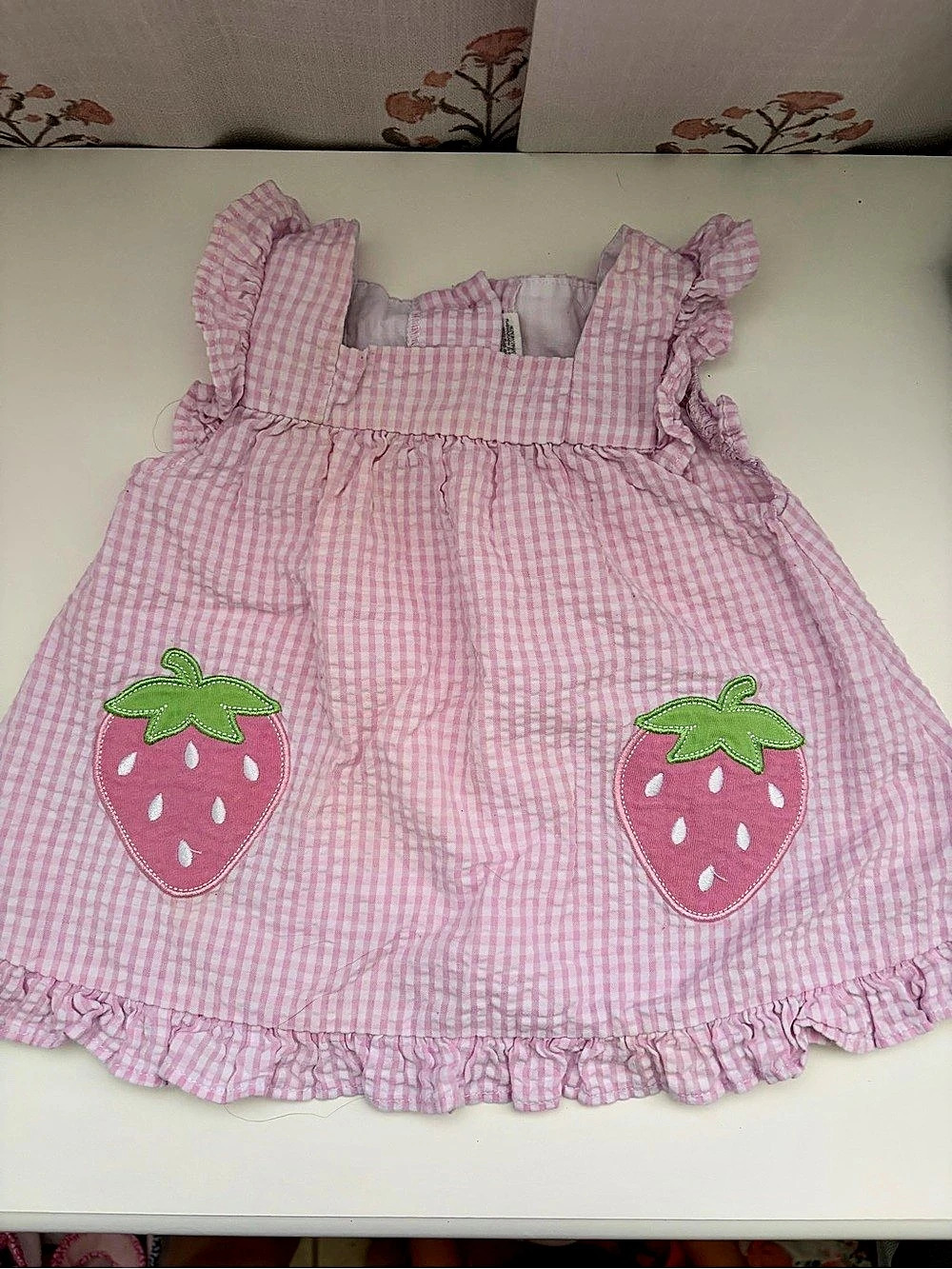 Girls Pink Gingham Strawberry Dress